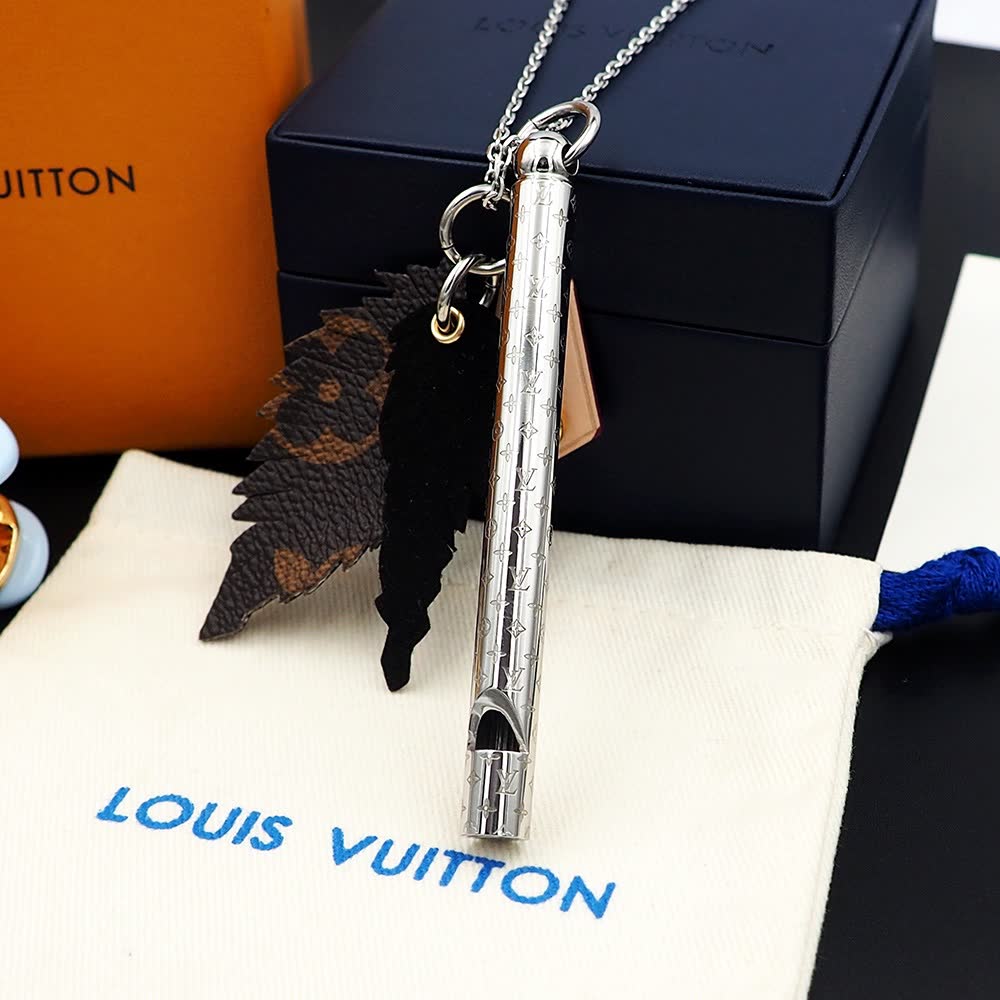 Louis Vuitton Silver Whistle and Leather Charm Necklace